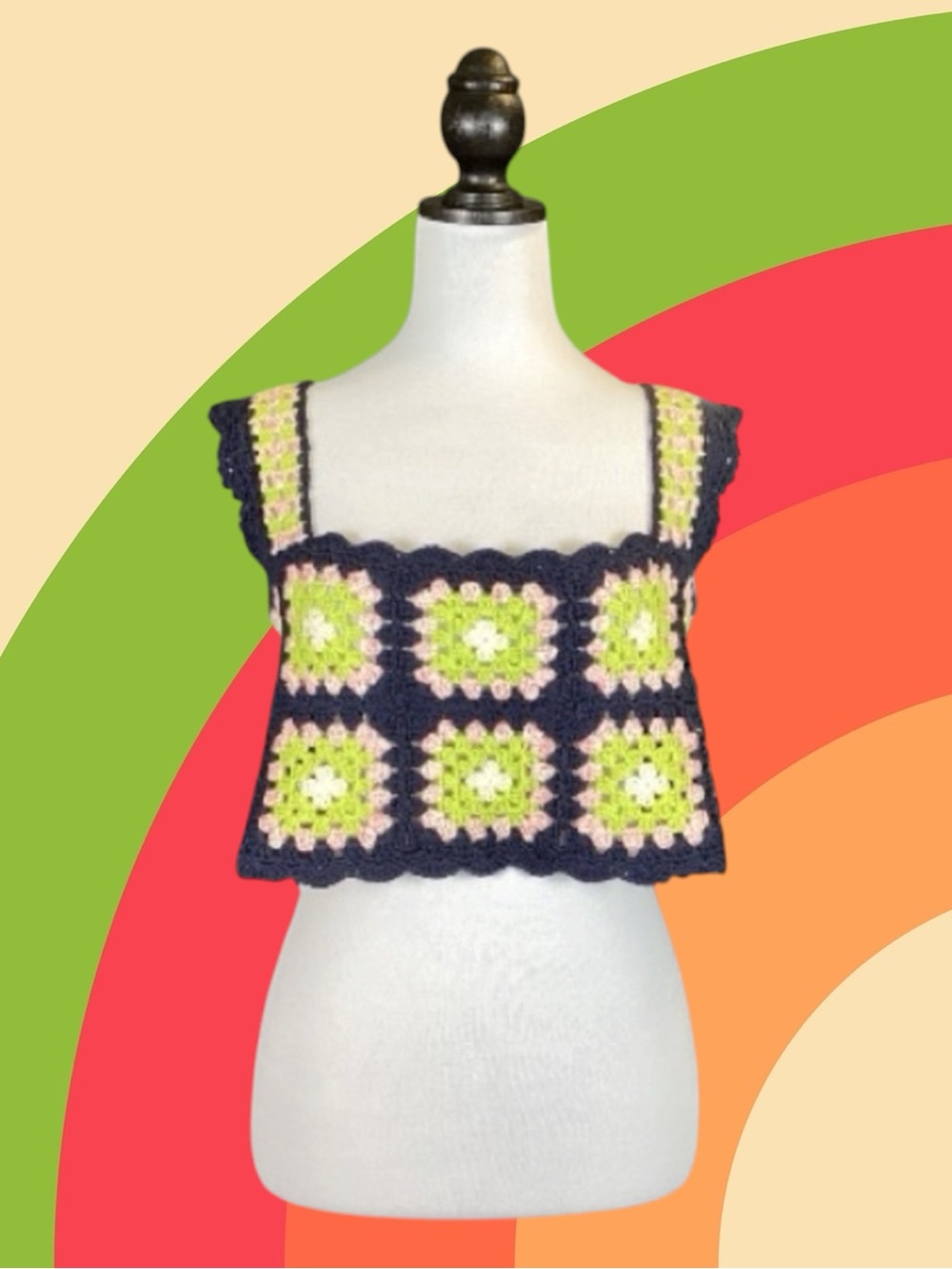 Reclaimed Vintage 100% Cotton Retro Boho Cottagecore Granny Square Crop Top L